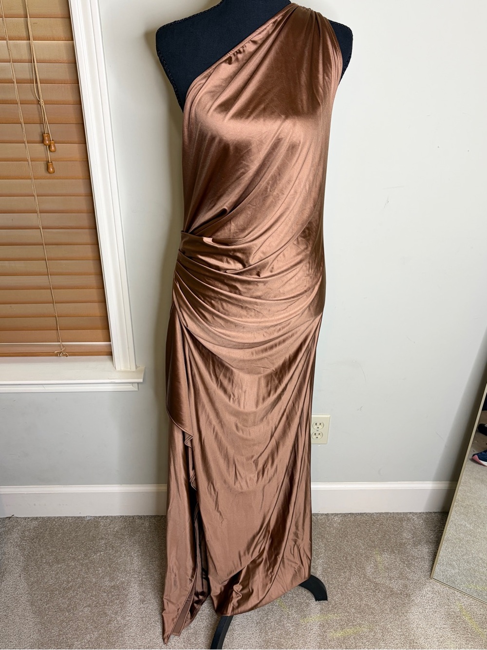 Silky One-Shoulder Brown Satin Evening Dress XL